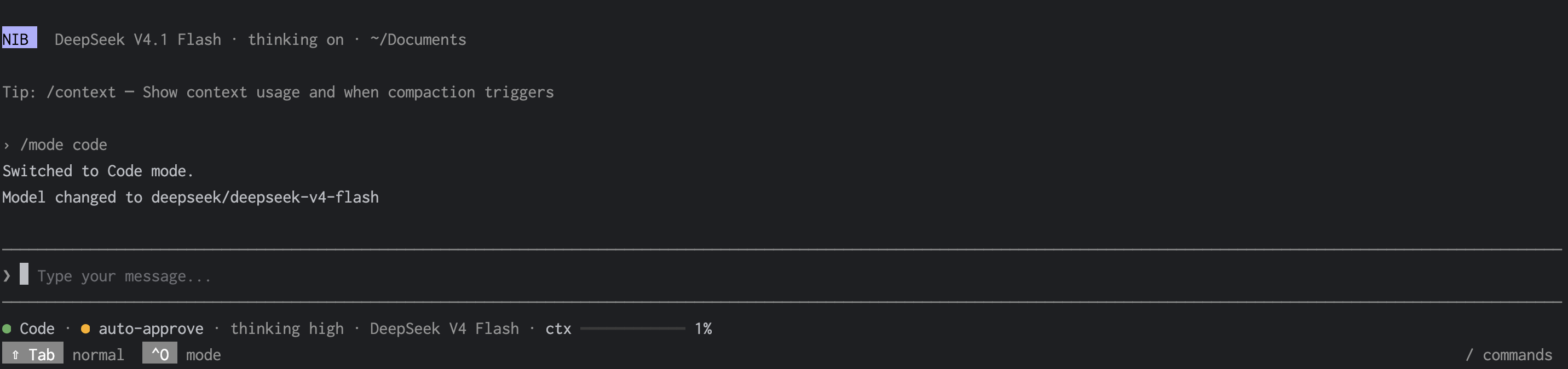 Nib running in a terminal in Code mode on DeepSeek V4 Flash